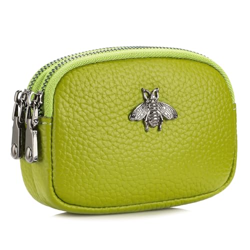 imeetu Women Leather Coin Purse, Small 2 Zippered Change Pouch Wallet(Yellow Green) - Image 1
