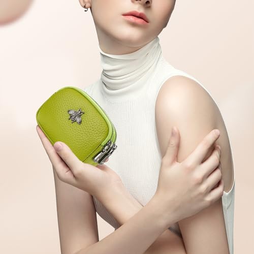 imeetu Women Leather Coin Purse, Small 2 Zippered Change Pouch Wallet(Yellow Green) - Image 4