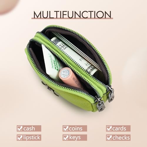 imeetu Women Leather Coin Purse, Small 2 Zippered Change Pouch Wallet(Yellow Green) - Image 2