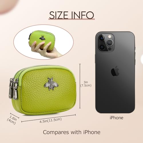 imeetu Women Leather Coin Purse, Small 2 Zippered Change Pouch Wallet(Yellow Green) - Image 3