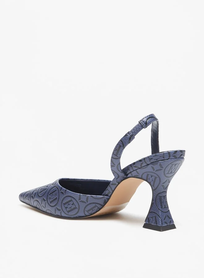 ELLE Women Monogram Embossed Slingback Pumps with Flared Heels