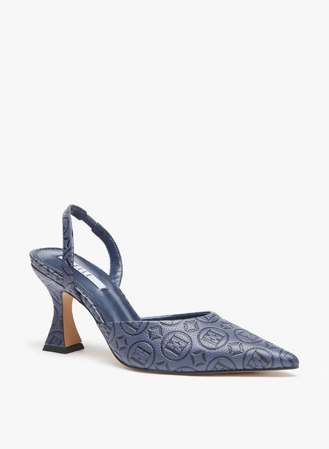 ELLE Women Monogram Embossed Slingback Pumps with Flared Heels