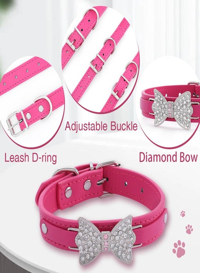 Campsis Diamond Bow Dog Collar Hot Pink Bling Leather Dog Collars with Rhinestone Bow Tie Puppy Collar Adjustable for Small Medium Large Dogs (S:7.5-10.6inch) - Image 4