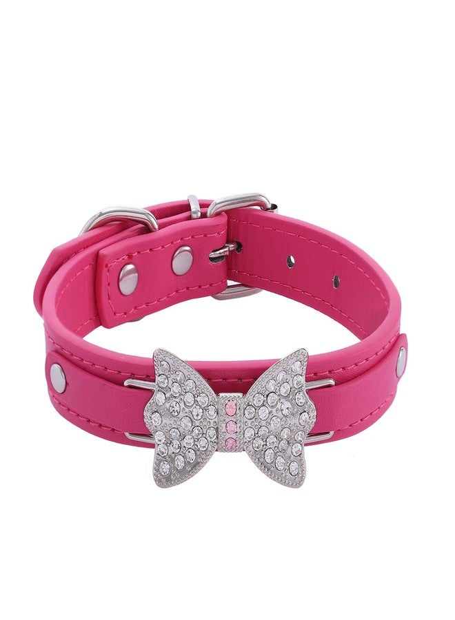 Campsis Diamond Bow Dog Collar Hot Pink Bling Leather Dog Collars with Rhinestone Bow Tie Puppy Collar Adjustable for Small Medium Large Dogs (S:7.5-10.6inch) - Image 1