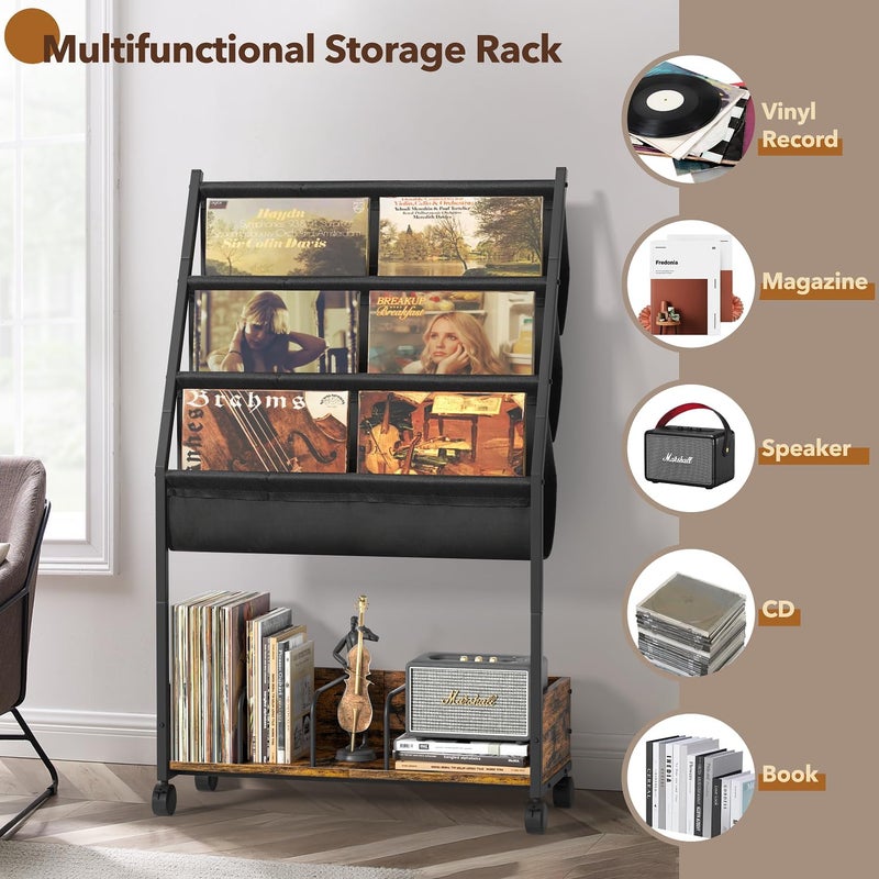 Keebofly Vinyl Record Storage, Record Holder Up to 200 Albums, Record Stand with 3 Tier Holder Display Shelf, Movable Vinyl Storage Organizer Rack, Record Cabinet for Book Magazine Turntable - Image 3