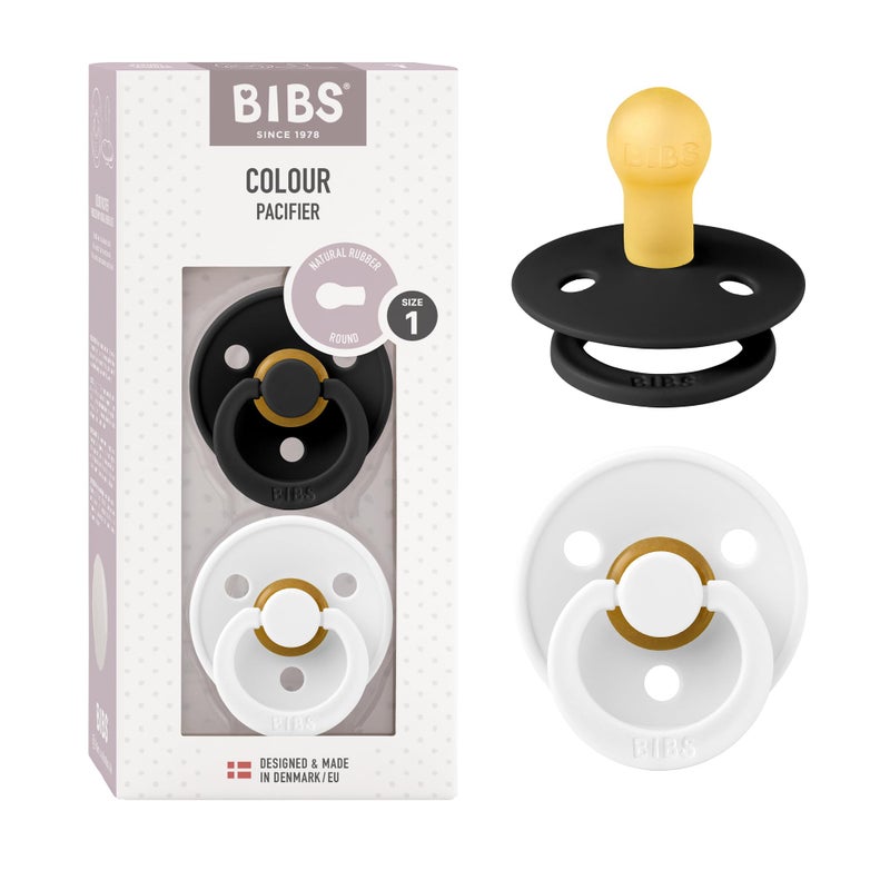 BIBS Pacifiers Colour Collection | Natural Rubber Baby Pacifier | Set of 2 BPA-Free Soothers | Made in Denmark | 6+ Months (Pack of 2) | Black/White - Image 1