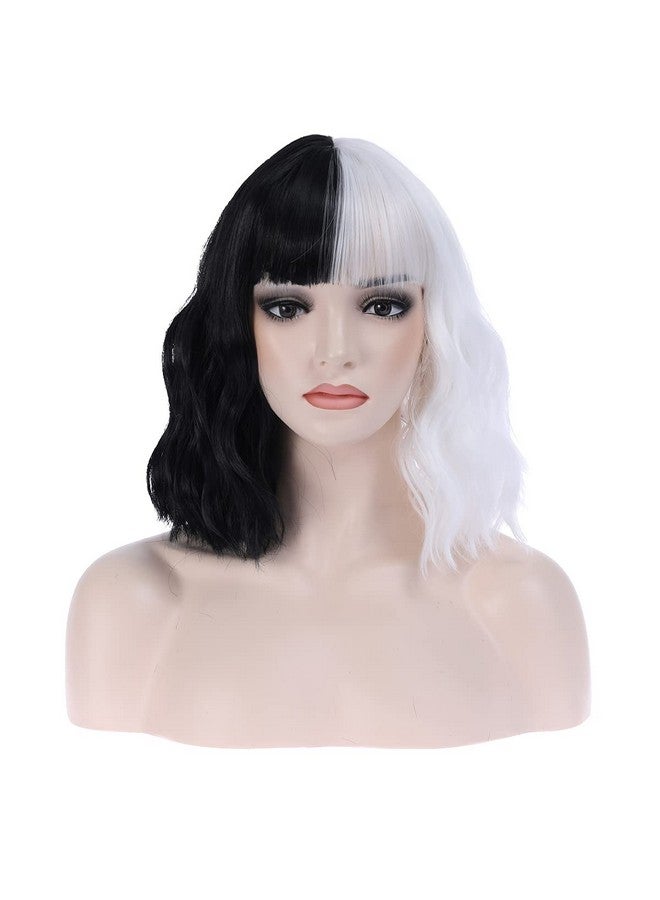 ماجكوو شعر مستعار نصف أسود أبيض مع الانفجارات للنساء والفتيات قصير مجعد ومموج شعر مستعار بوب أبيض وأسود شعر مستعار زي الهالوين التأثيري شعر مستعار للحفلات - Image 1