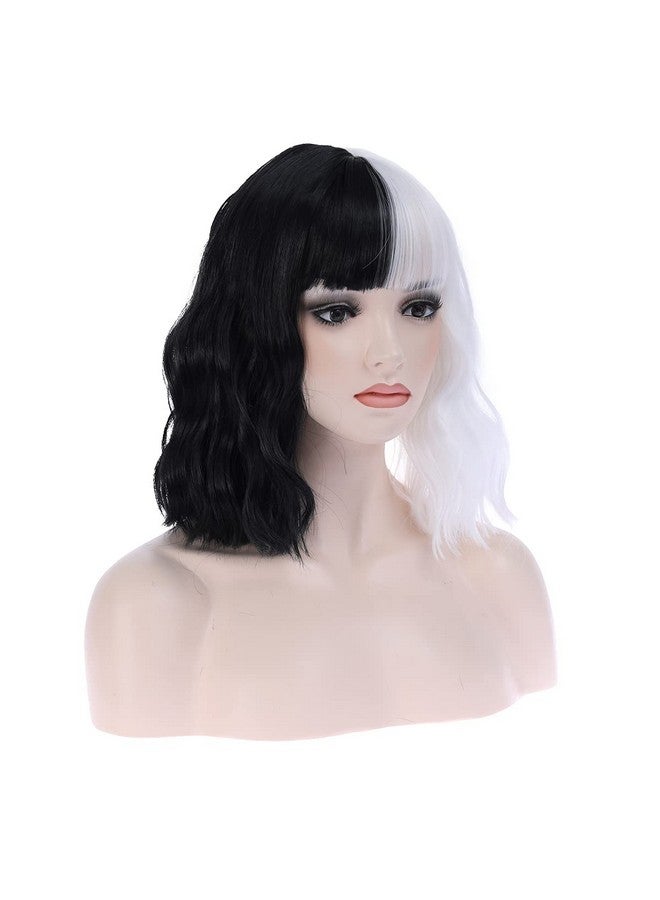 ماجكوو شعر مستعار نصف أسود أبيض مع الانفجارات للنساء والفتيات قصير مجعد ومموج شعر مستعار بوب أبيض وأسود شعر مستعار زي الهالوين التأثيري شعر مستعار للحفلات - Image 2