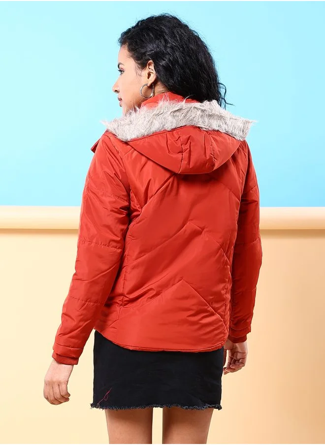 مرفوعة Women Regular Fit Solid Puffer Jacket With Fur Insert At Hood