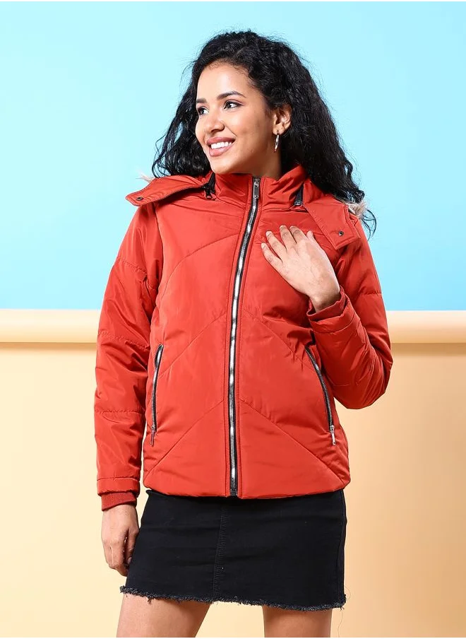 مرفوعة Women Regular Fit Solid Puffer Jacket With Fur Insert At Hood