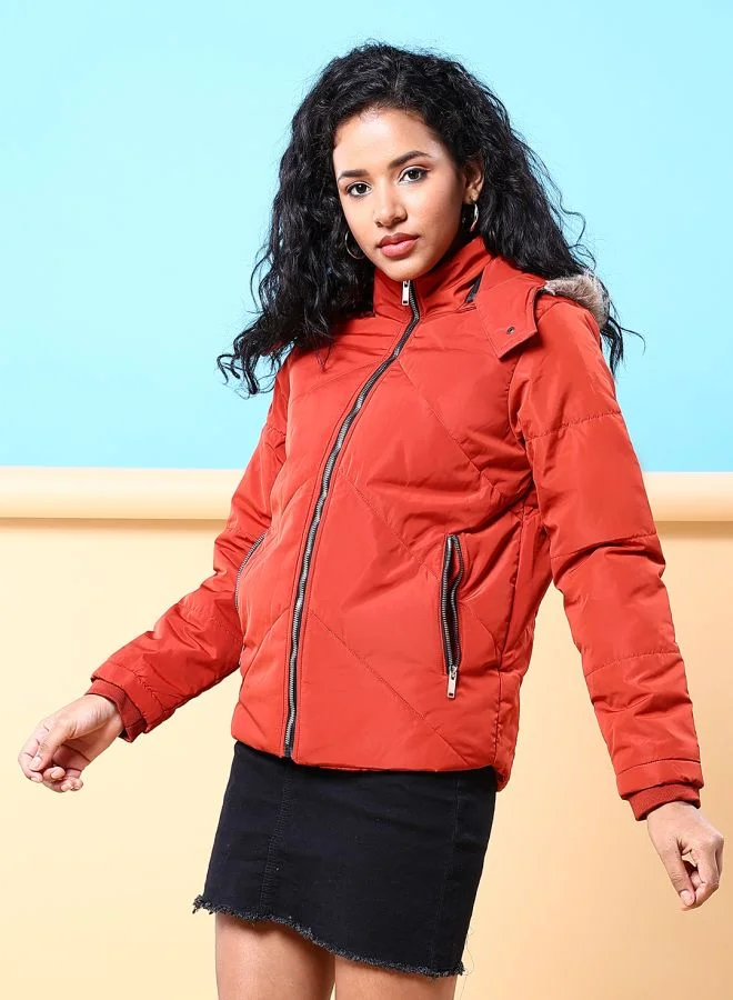Freehand Women Regular Fit Solid Puffer Jacket With Fur Insert At Hood
