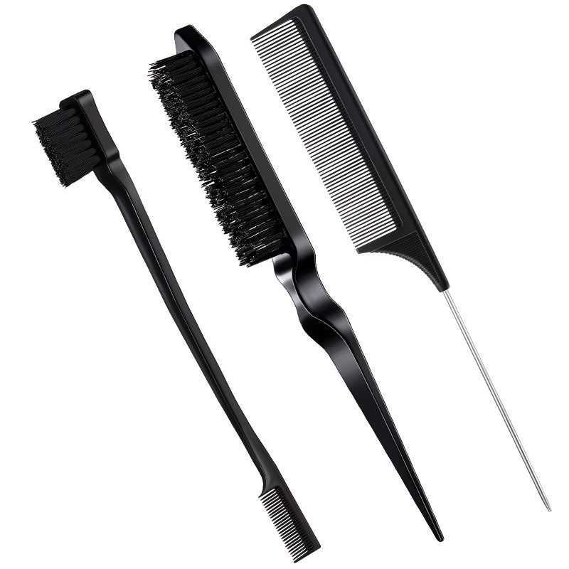 Geiserailie 3 Pcs Slick Back Hair Brush Set Bristle Brush Edge Control Teasing Comb for Women Black Hair(Black) - Image 1