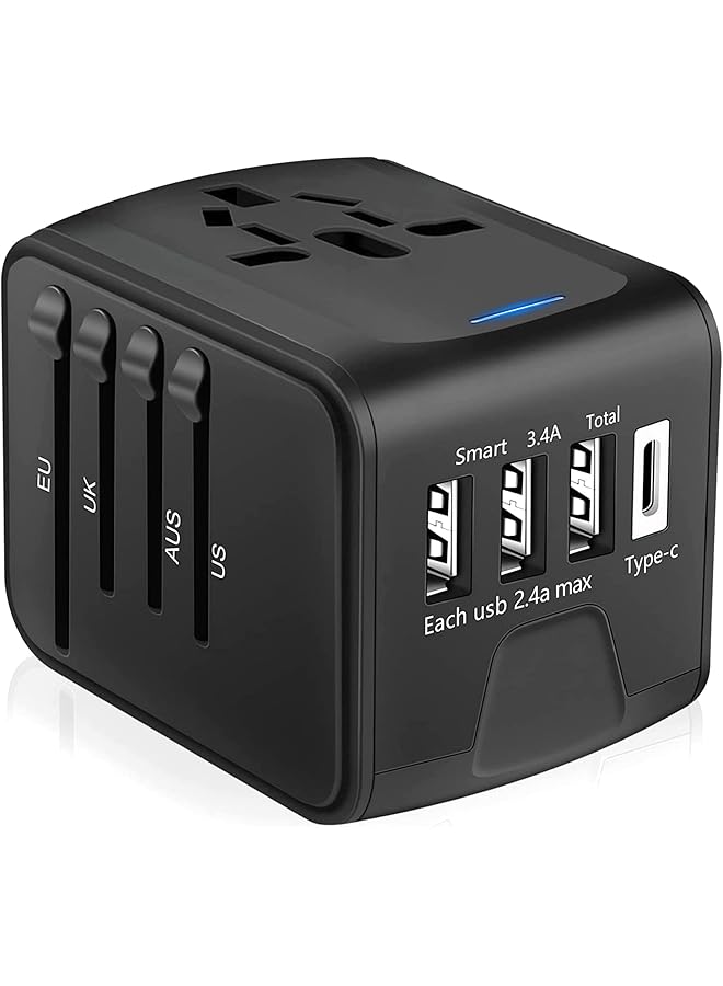 promass Travel Adapter, Universal Travel Adapter - 3 USB + 1 Type C in One Travel Charger with UK/US/AUS/EU Plugs and Socket, International Power Adapter Wall Charger (Type-c Black) - Image 1