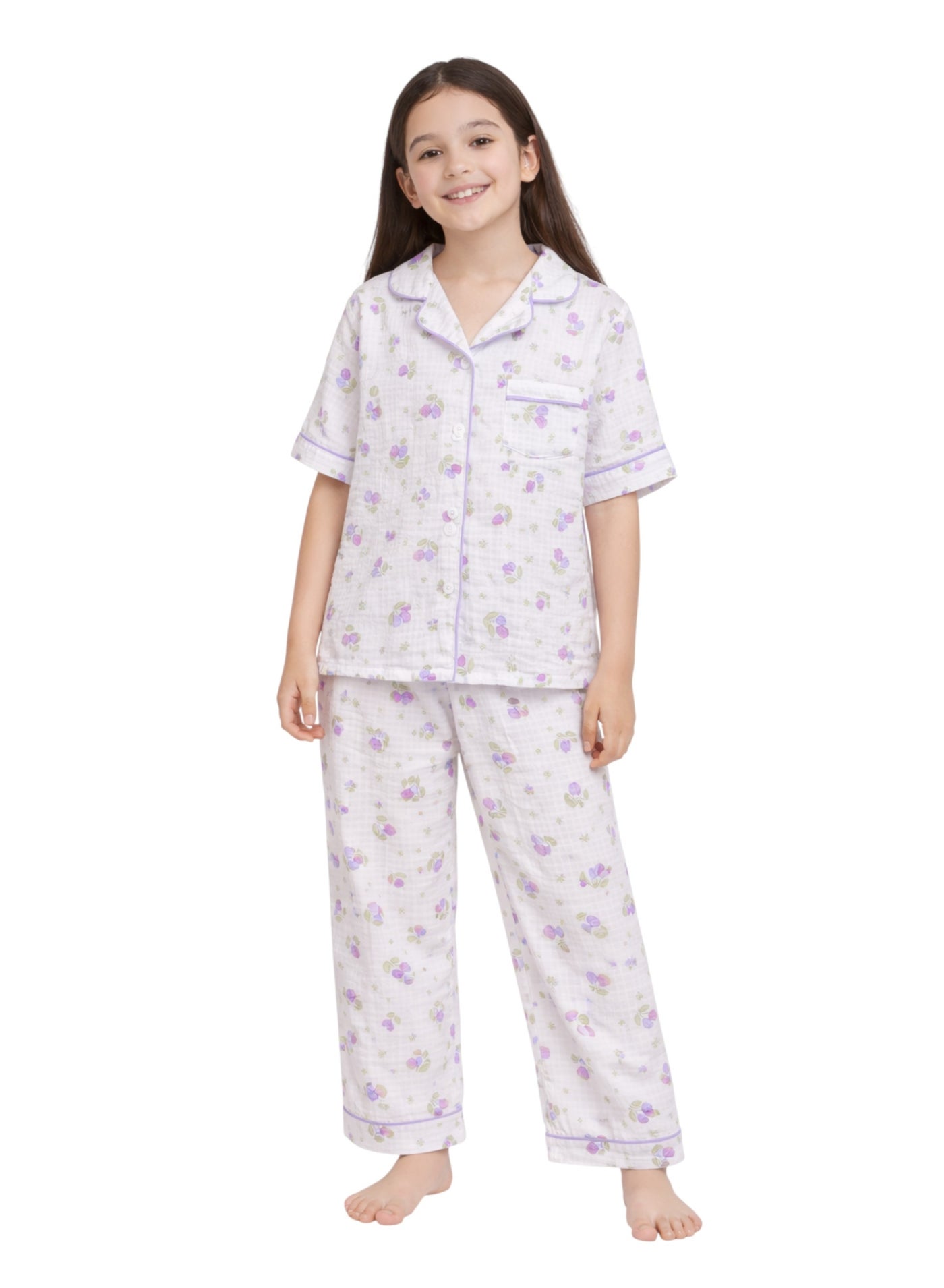 victor and jane Girls Floral Printed Muslin Cotton Pyjama Set