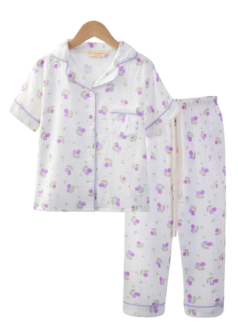 Victor And Jane  Girls Floral Printed Muslin Cotton Pyjama Set for Women | Best Price UAE