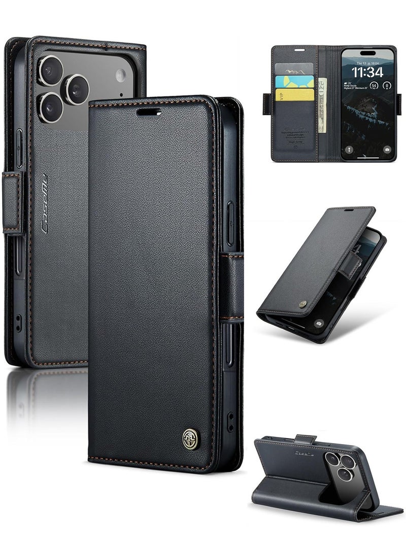 Multifunctional iPhone 17 Pro Wallet Case with Card Holder, RFID Blocking, Waterproof PU Leather Flip Cover – Black - Image 1