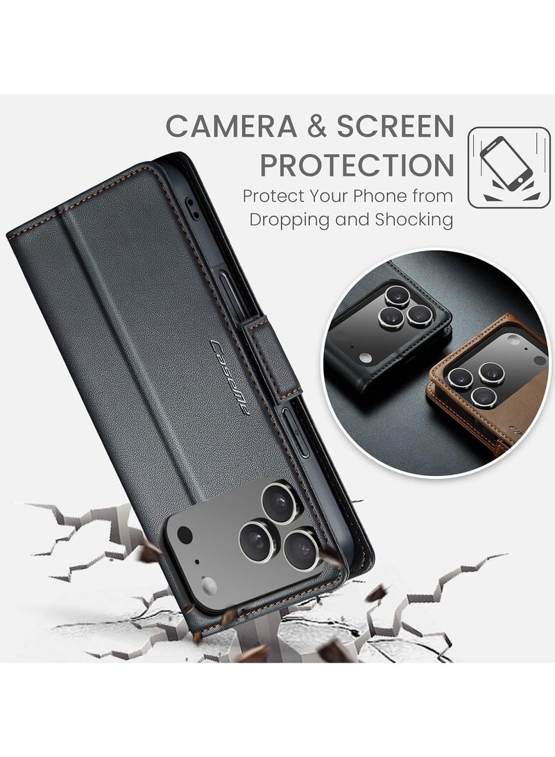 Multifunctional iPhone 17 Pro Wallet Case with Card Holder, RFID Blocking, Waterproof PU Leather Flip Cover – Black - Image 2
