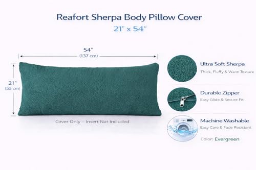Reafort Sherpa Body Pillow Cover 21" x 54", Plush Fleece Long Body Pillowcase with Zipper Closure, Ultra Soft Fluffy Cozy Decorative Pillow Cover (Evergreen, 21"x54" Body Pillow Cover) - Image 2