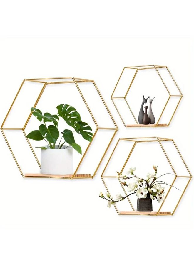 Set Of 3 Golden Hexagon Wall Shelves For Living Room Decoration - Image 1