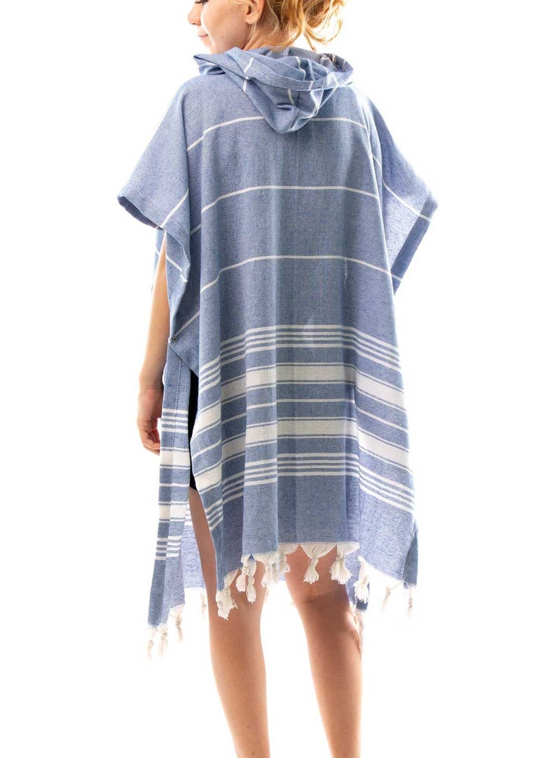 Formeya 100% Cotton Adult Peshtemal Poncho Bathrobe Beach Towel Blue  - Image 1