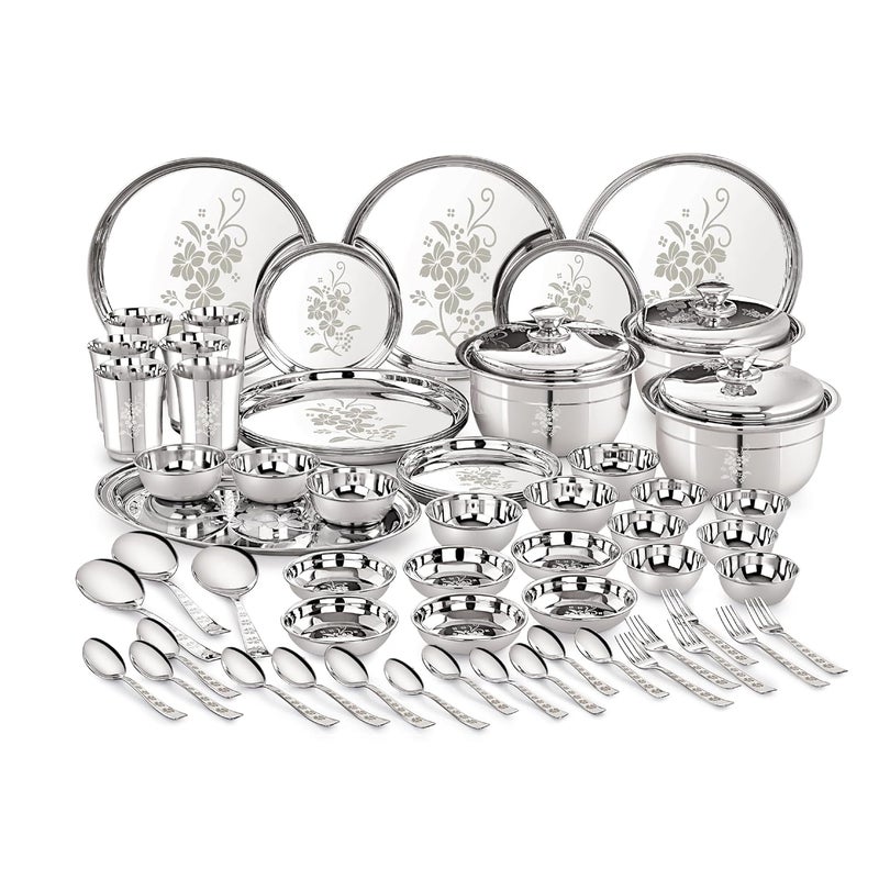 Neelam Neelam Designer Stainless Steel Shagun Dinner Set, 70 Pcs, Laser Printed, Dishwasher Safe, Ideal Gifting Dinner Set, Ideal for Special Occasions Like Anniversary, Wedding, Housewarming Party, Silver - Image 1