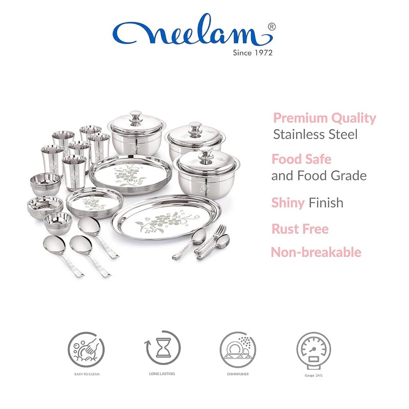 Neelam Neelam Designer Stainless Steel Shagun Dinner Set, 70 Pcs, Laser Printed, Dishwasher Safe, Ideal Gifting Dinner Set, Ideal for Special Occasions Like Anniversary, Wedding, Housewarming Party, Silver - Image 3