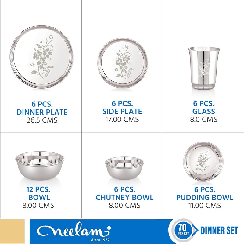 Neelam Neelam Designer Stainless Steel Shagun Dinner Set, 70 Pcs, Laser Printed, Dishwasher Safe, Ideal Gifting Dinner Set, Ideal for Special Occasions Like Anniversary, Wedding, Housewarming Party, Silver - Image 5
