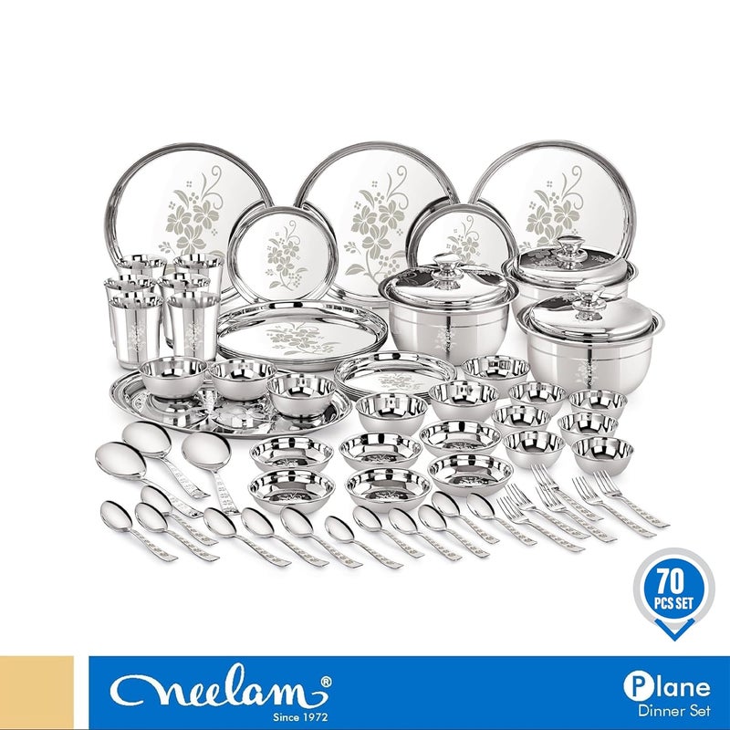 Neelam Neelam Designer Stainless Steel Shagun Dinner Set, 70 Pcs, Laser Printed, Dishwasher Safe, Ideal Gifting Dinner Set, Ideal for Special Occasions Like Anniversary, Wedding, Housewarming Party, Silver - Image 2
