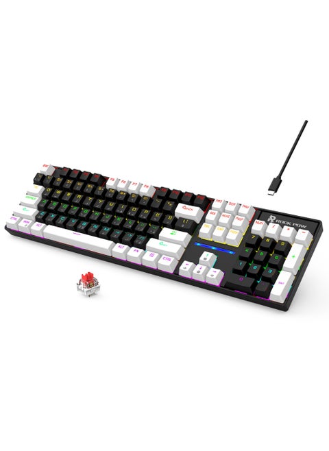 Arabic English Gaming Keyboard 104 Keys Mechanical Keyboard with RGB Backlight 19 Modes Wired Keyboard PBT Keycaps for Gaming PC (Red Switch)