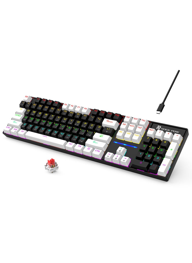 Rock Pow - Arabic English Gaming Keyboard 104 Keys Mechanical Keyboard with RGB Backlight 19 Modes Wired Keyboard PBT Keycaps for Gaming PC (Red Switch) - Image 1
