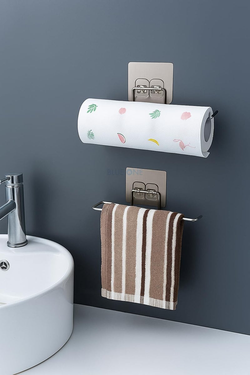 BLUEONE Stainless Steel Self Adhesive Napkin Ring Wall Mount Towel Hanging Holder with Magic Adhesive Pad Kitchen Paper Roll Holder Tissue Paper Stand Towel Bar Hanger Kitchen and Washbasin use - Image 5