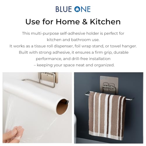 BLUEONE Stainless Steel Self Adhesive Napkin Ring Wall Mount Towel Hanging Holder with Magic Adhesive Pad Kitchen Paper Roll Holder Tissue Paper Stand Towel Bar Hanger Kitchen and Washbasin use - Image 3