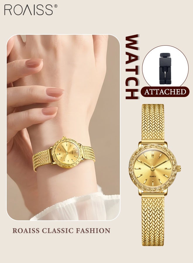 رويس ساعة كوارتز فاخرة للنساء بسوار من الفولاذ، شاشة تناظرية، قرص دائري ذهبي مزخرف بنقشة الشمس، ساعة يد أنيقة مقاومة للماء للأعمال، هدية للسيدات - Image 1