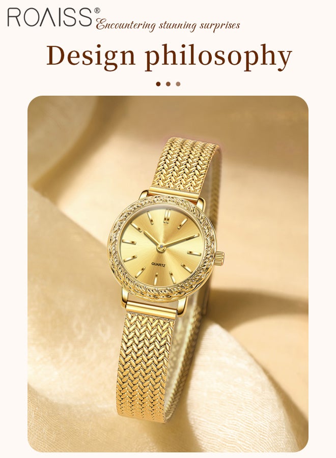 رويس ساعة كوارتز فاخرة للنساء بسوار من الفولاذ، شاشة تناظرية، قرص دائري ذهبي مزخرف بنقشة الشمس، ساعة يد أنيقة مقاومة للماء للأعمال، هدية للسيدات - Image 2
