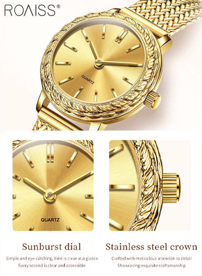 رويس ساعة كوارتز فاخرة للنساء بسوار من الفولاذ، شاشة تناظرية، قرص دائري ذهبي مزخرف بنقشة الشمس، ساعة يد أنيقة مقاومة للماء للأعمال، هدية للسيدات - Image 5