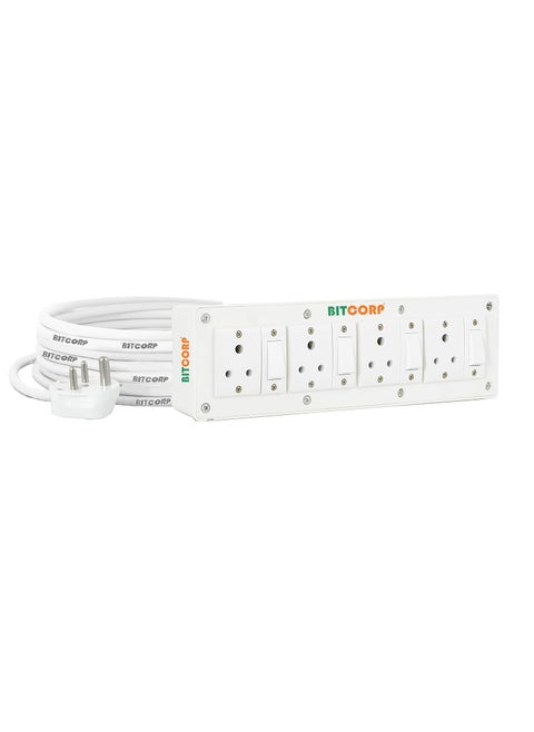 Bitcorp 6A Heavy Duty International Extension Board extension box 4 Socket 4 Switch 1500W Surge Protector With 1 Meter Long Wire Cable For Charging Pc Computer Small Appliances 220 Volts White