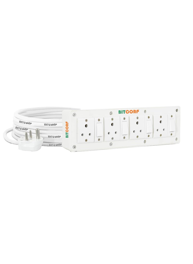 Bitcorp 6A Heavy Duty International Extension Board extension box 4 Socket 4 Switch 1500W Surge Protector With 1 Meter Long Wire Cable For Charging Pc Computer Small Appliances 220 Volts White