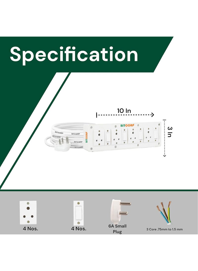 Bitcorp 6A Heavy Duty International Extension Board extension box 4 Socket 4 Switch 1500W Surge Protector With 1 Meter Long Wire Cable For Charging Pc Computer Small Appliances 220 Volts White
