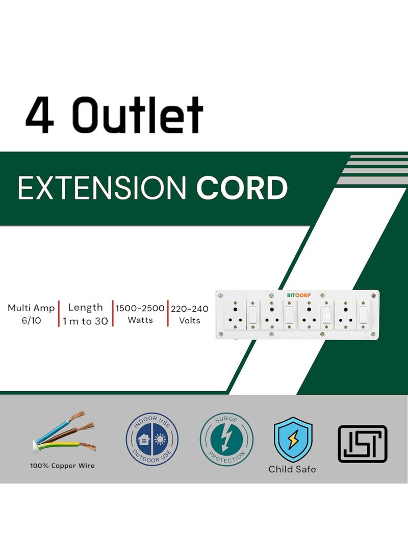 Bitcorp 6A Heavy Duty International Extension Board extension box 4 Socket 4 Switch 1500W Surge Protector With 1 Meter Long Wire Cable For Charging Pc Computer Small Appliances 220 Volts White