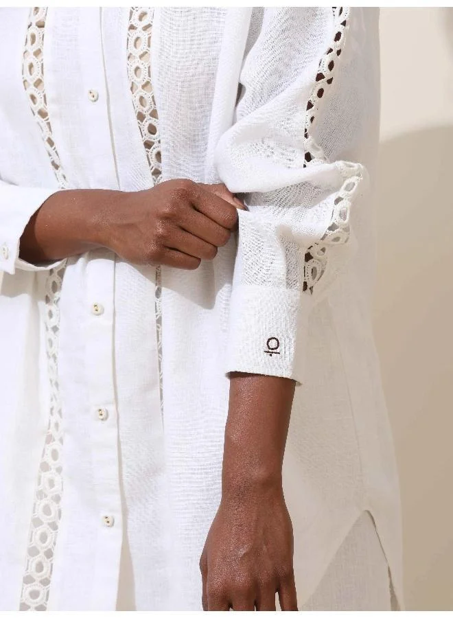 trueBrowns trueBrowns Attar White Crochet Natural Cotton Shirt Co-ord Set