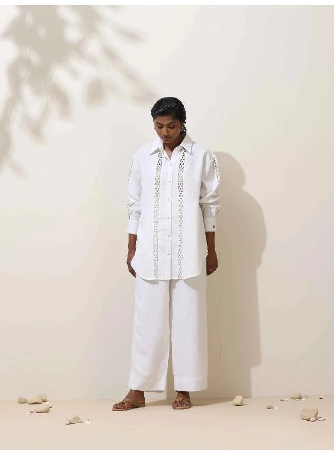 trueBrowns trueBrowns Attar White Crochet Natural Cotton Shirt Co-ord Set