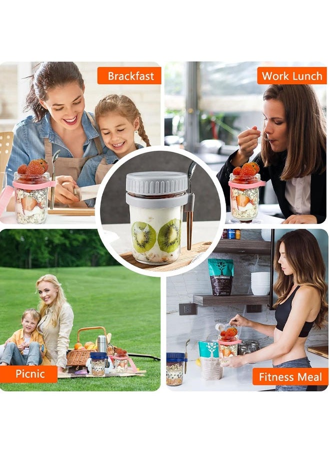 2PCS Overnight Oats Jars with Lid and Spoon, 350ml Large Capacity Airtight Oatmeal Container with Measurement Marks, Portable Jars Breakfast Container for Salads Yogurt Cereal Milk