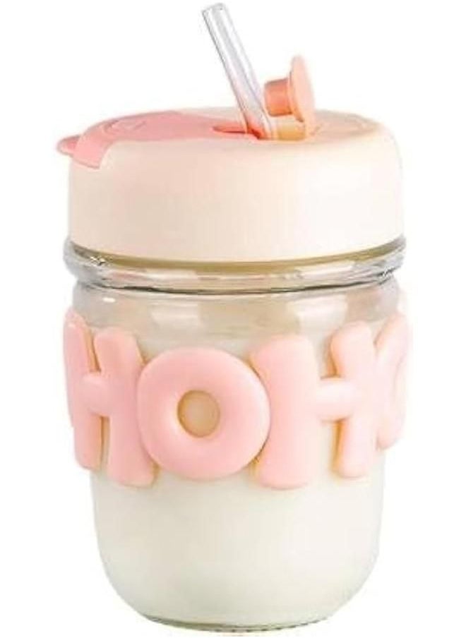 Glass Cup With Straw and Silicone Lid (400 ml) (Pink)