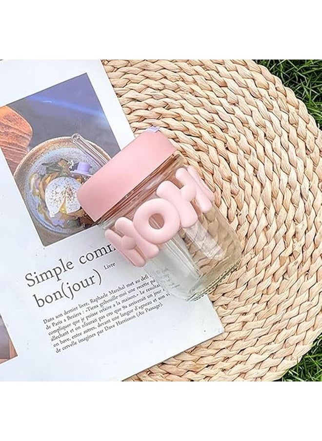 Glass Cup With Straw and Silicone Lid (400 ml) (Pink)