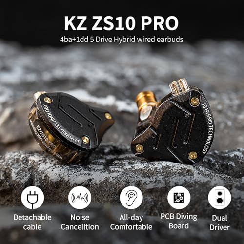 Kinboofi سماعات KZ ZS10 Pro داخل الأذن، سماعات IEM، سماعات ألعاب مع 4 محركات BA و 1 محرك DD، سماعة KZ HiFi IEM المحدثة ZS10 مع كابل قابل للفصل 0.75 مم 2 دبوس 6N OFC (أسود بدون ميكروفون) - Image 2