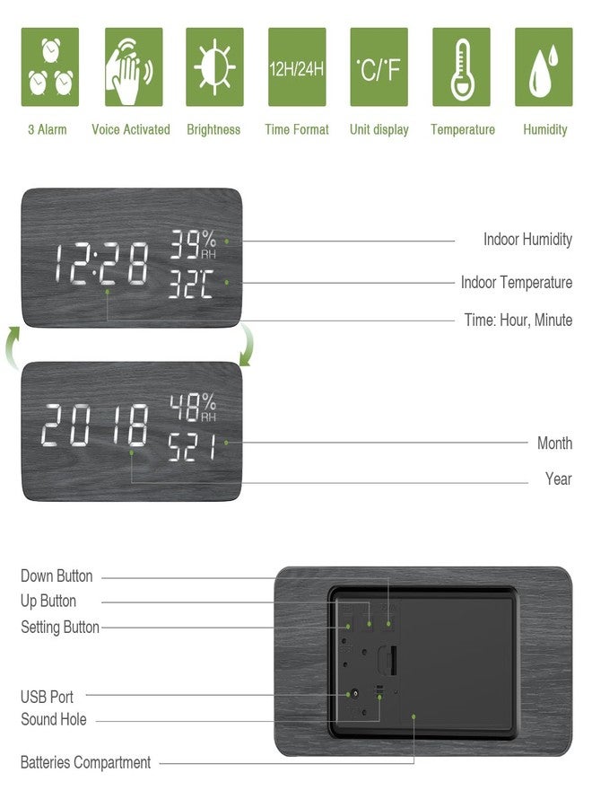 KeeKit Digital Wooden Alarm Clock, Electronic LED Desktop Clock with Temperature Humidity Time Display, 3 Alarm Settings, Voice Control, 3 Levels Adjustable Brightness for Home, Bedroom, Office - Image 2