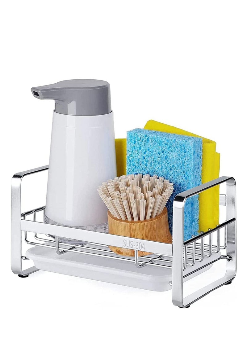 MIXDE Kitchen Sink Sponge Holder, 304 Stainless Steel Kitchen Soap Dispenser Caddy Organizer, Countertop Soap Dish Rack Drainer with Removable Drain Tray, not Including Dispenser and Brush - Image 1