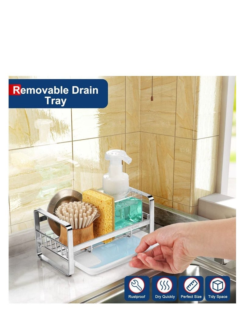 MIXDE Kitchen Sink Sponge Holder, 304 Stainless Steel Kitchen Soap Dispenser Caddy Organizer, Countertop Soap Dish Rack Drainer with Removable Drain Tray, not Including Dispenser and Brush - Image 3