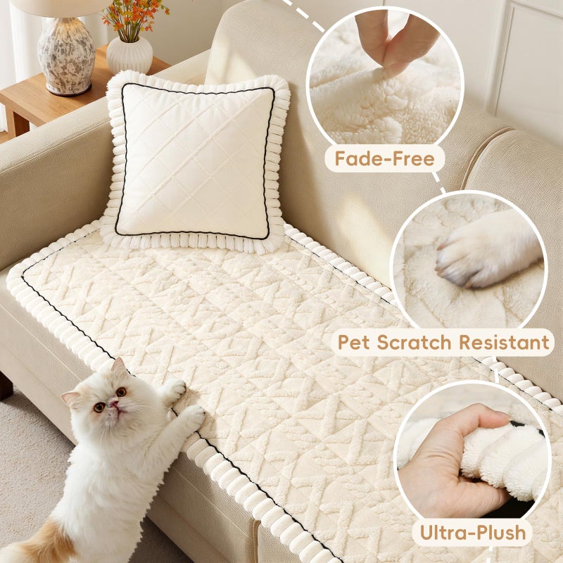 Arfntevss Couch Cover for Dogs Plush Washable Sofa Covers for 3 Cushion Couch Pet Friendly Fuzzy Sofa Slipcovers 3 Seat Anti-Slip Dog Proof Mat Sectional Furniture Protector (Boho White, 27.6" x 71") - Image 3