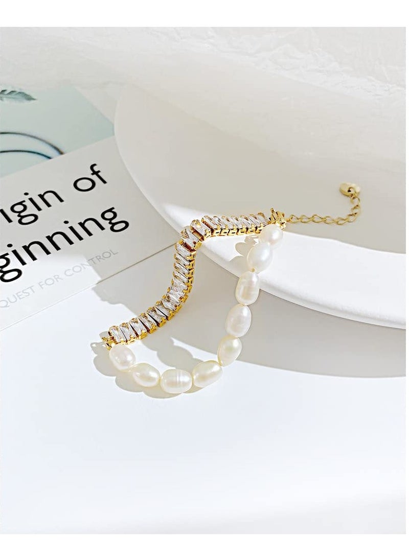 Excefore سوار لؤلؤ صغير من الذهب، سوار نسائي بأسلوب باروك من الذهب عيار 14 قيراط، مع مشبك قابل للتعديل من أكسيد الزركون المكعب والفولاذ التيتانيوم، لمجوهرات النساء العصرية - Image 4